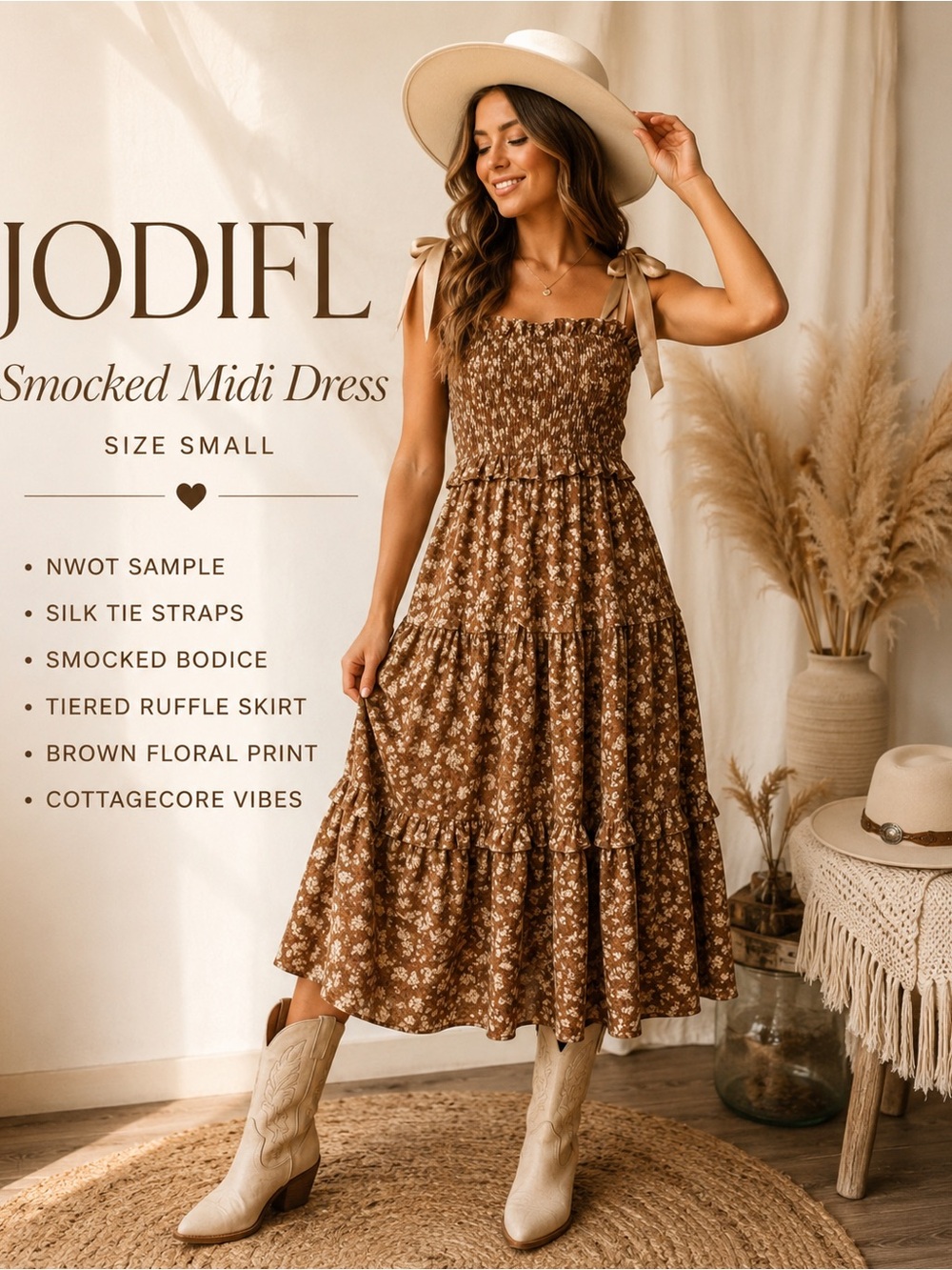 JODIFL Brown Floral Smocked Tiered Midi Dress with Tie Straps